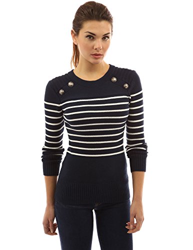 PattyBoutik Women Crewneck Striped Military Sweater (Navy Blue and Ivory X-Large)
