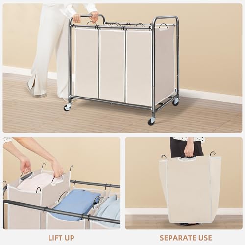 Image of STORAGE MANIAC 3 Section Laundry Sorter, 35.6 Gal (135 L) Laundry Hamper Cart with Heavy Duty Rolling Lockable Wheels and Removable Bags, Clothes Organizer Basket Separator Hamper, Beige