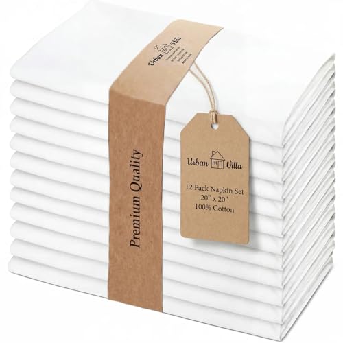 Urban Villa Solid Slub Set of 12 Dinner Napkins (20X20 Inch) 100% Cotton Everyday Use Premium Quality Over Sized Cloth Napkins with Mitered Corners Ultra Soft Durable Hotel Quality (White)