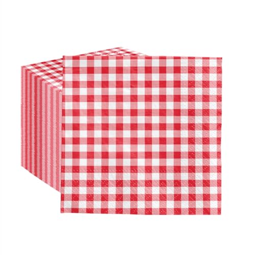 PAW - 100 Pack Checkered Cocktail Napkins 5 x 5 Disposable Beverage Napkins with Red Plaid Gingham Dessert Towels for Wedding Birthday Bridal Party Decoupage Decorative Supplies