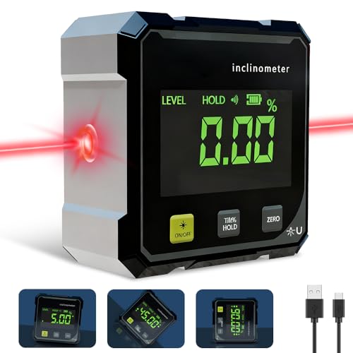 Digitaler Winkelmesser 4-Seitig Magnetisch, Digitale Wasserwaage Type-C mit LCD Display, Wasserdicht Laser Wasserwaage für Holzbearbeitung, Tischsäge, Hängend, Bau, Maschinen, DIY Arbeiten