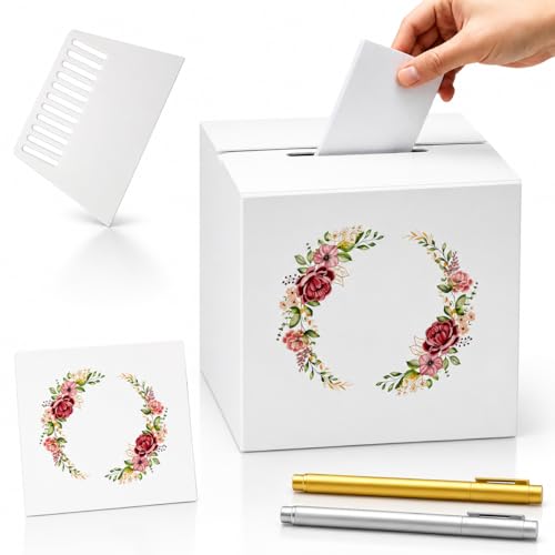 Shyllin Urne Mariage avec Autocollants Transfert et Raclette, Boîte à Cartes DIY 21 x 21 x 21 cm, Décoration Mariage pour Cartes de Vœux et Cadeaux (DIY Type 3)
