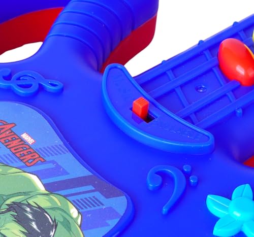 Image of Marvel Avengers Theme Musical Guitar for Kids - Superhero Electric Toy with Lights & Sound, Battery Operated Junior Rockstar Guitar, Red Musical Instrument for Boys & Girls Age 3+ Years