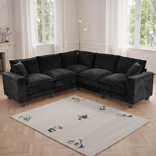 Image of 97 inch L Shaped Couch Corner Sofa, 5 Seater Oversized Cloud Couch with 2 Pillows Chenille Modular Sectional Sofa Armrests with Two Hidden Storage Space Sectional Couches for Living Room Black