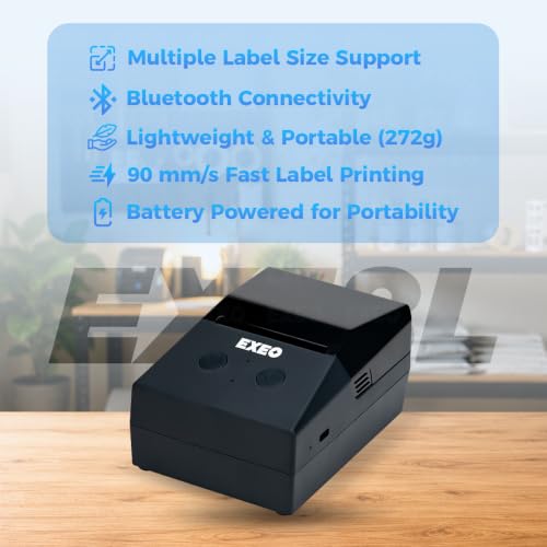 Image of EXEO EX58L Portable Bluetooth Thermal Label Printer for Business, Office & Home | 2 Inch | Inkless | 203 DPI | Android, iOS, Windows & Mac | Free Label Printing App | Barcode, MRP & Product Labels
