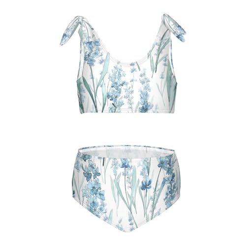 Girls Wildflower Lavender Pattern Swimsuit Two Pieces Bikini Set Bathing Suits Swimwear Crop Top Swimsuit Set
