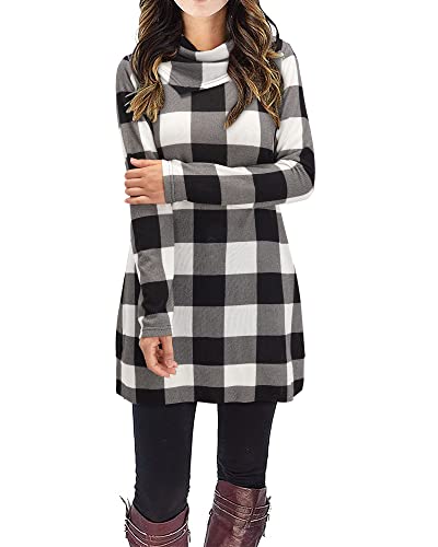 STYLEWORD Women's 2025 Winter Dress Casual Tunic Tops Shirts for Legging Long Sleeve Cowl Neck Sweater(black and white plaid,XL)