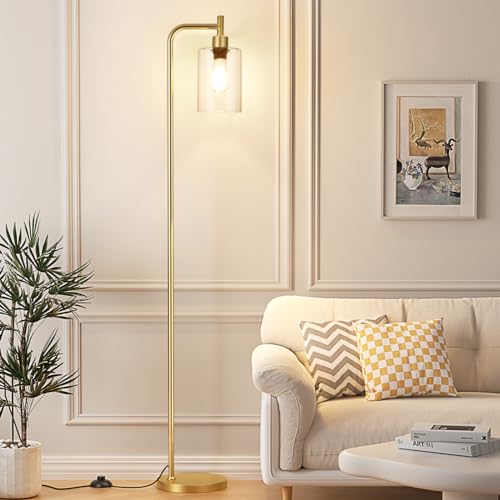 Image of Ziisee Floor Lamps for Living Room - Industrial Floor Lamp with Glass Shade, Modern Gold Floor Lamp with LED Bulbs, Farmhouse Floor Lamp for Bedroom, High Lamp for Office - Gold