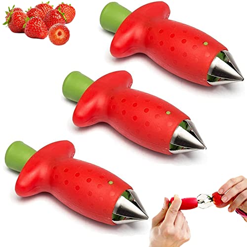 Aghoer 3 Stück Obstentkerner, Erdbeer Strunkentferner, Tomaten Strunkentferner, Erdbeere Huller Tool, Rot, Edelstahl + ABS Kunststoff