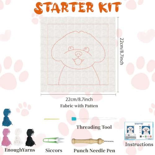 Image of BEUNITONE Punch Needle Kit with Frame for Adults Beginners, Cute Bichon Frise Needlepoint Crafts Kit for Adults, Complete Embroidery Starter Kits with Pre-Print Pattern for Gift Home Decor 9.4 inchx9.4 inch