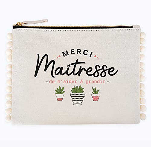 Manahia Pochette Pompon Maîtresse - Merci maîtresse de m'aider à grandir - Cadeau Maîtresse - Trousse Maîtresse Coton - Merci Maîtresse - Cadeau Noël...