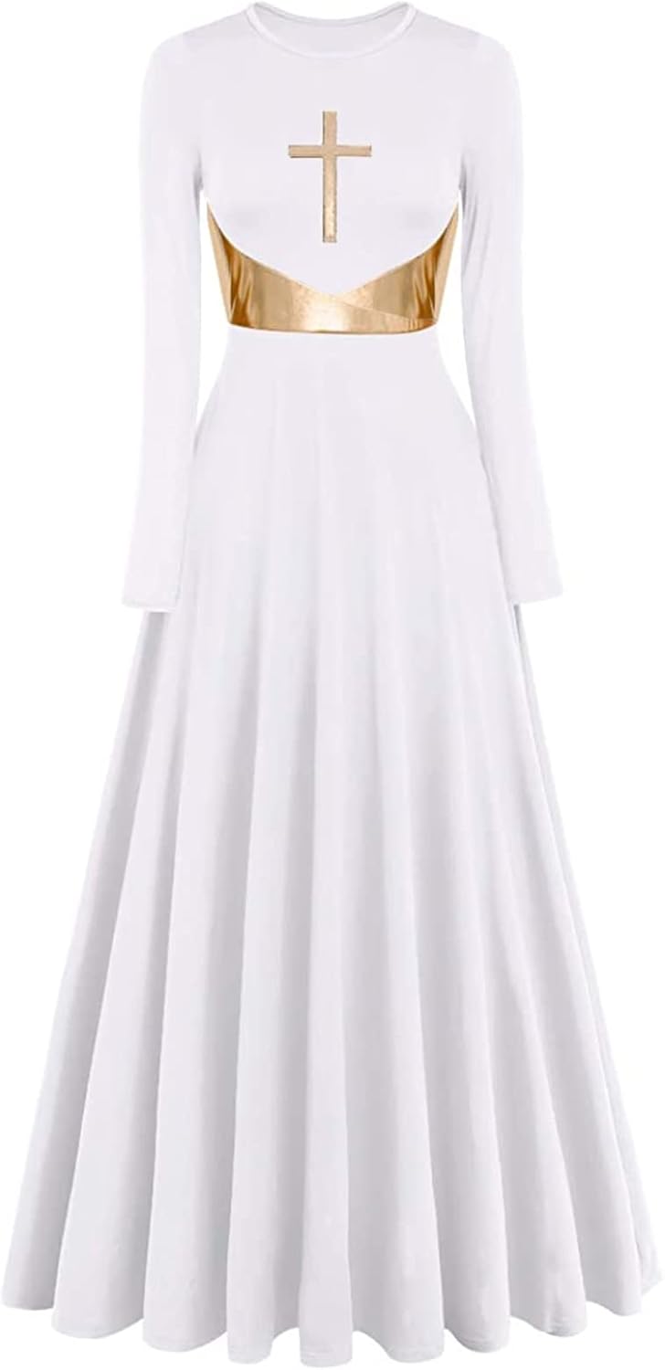 Womens Metallic Cross Worship Praise Dance Dress Full Length Lyrical Dancewear Church Liturgical Robe Dress