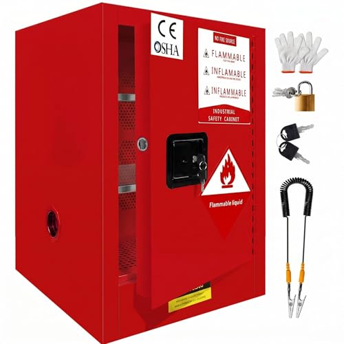Flammable Cabinet, Steel Storage Cabinet for Paints & Chemicals, Industrial Metal Cabinet for Workshop Safety, Red Safety Cabinet for Lab Use