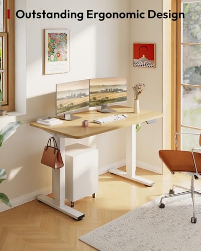 Image of SANODESK Height Adjustable Electric Standing Desk 48x24 Inches, Sit Stand Desk with Splice Board for Home Office, Ergonomic Computer Workstation, Study & Gaming, White Frame /Maple Top