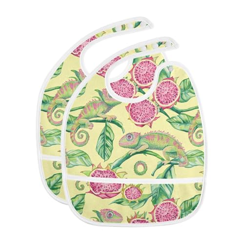 MCHIVER Chameleon Dragonfruits Baby Bibs for tag1 Waterproof Feeding Bib Apron with Food Cather Adjustable Cotton Food Eating Bib 2 Pack