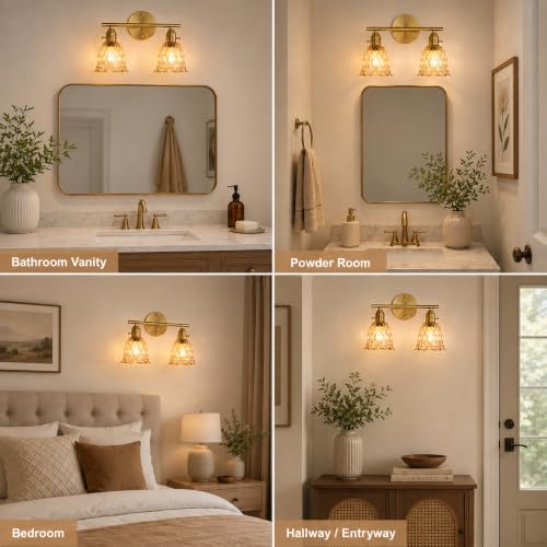 Image of 14.17 inch 2-Light Bathroom Light Fixtures, Gold Vintage Vanity Lights with Clear Amber Glass Shades, Bathroom Wall Lamp for Mirror Living Room Cabinet Bedroom Porch