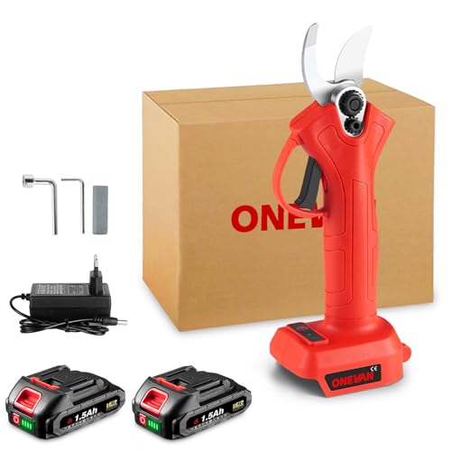 ONEVAN Tijeras de podar eléctricas con batería de 30 mm, con 2 baterías de 1500 mAh, para podar árboles y árboles frutales (rojo, con 2 baterías)