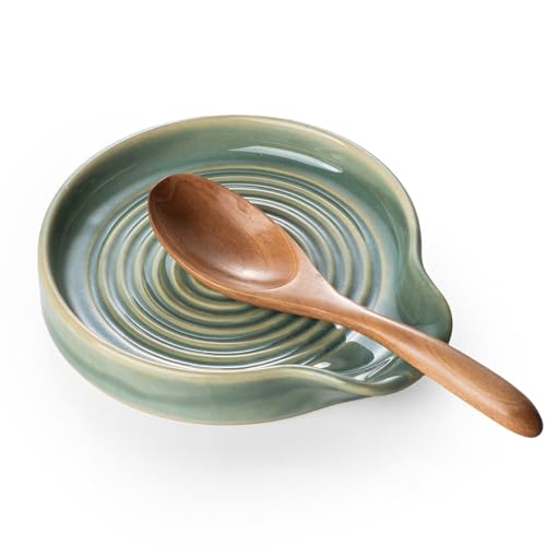 Image of Spoon Rest, 5.5 Inch Ceramic Spoon Holder for Kitchen Counter, Coffee Spoon Rest for Stove, Cooking Spoon Holder, Utensil Rest for Cooking, Forest Green