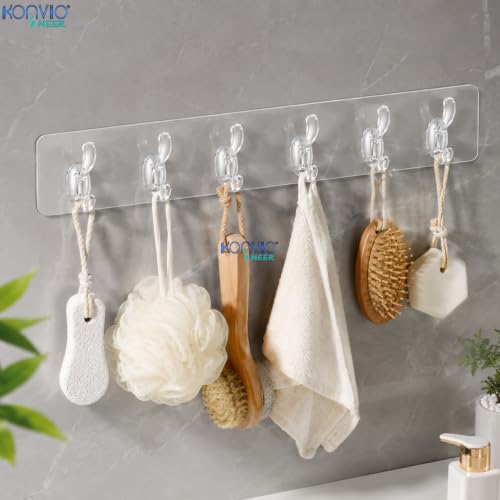 Image of KONVIO NEER Self Adhesive 6-Hook Wall Hanger, Pack of 2 Transparent | Strong self-adhesive wall hooks with 6-hook design for hanging towels, keys, clothes and kitchen essentials without drilling.