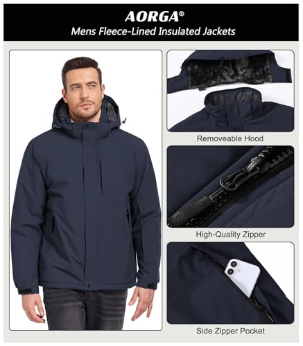 Image of Mens Skiing Jackets Winter Waterproof Snow Jackets Fleece Lined Insulated Heavy Parka Jackets Coats with Hoode