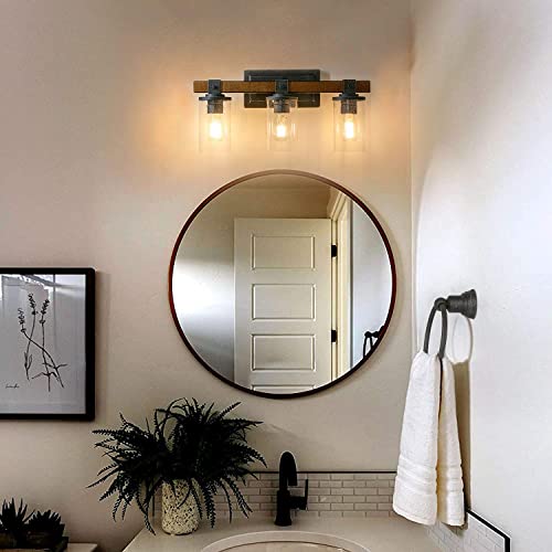 3-Light Farmhouse Vanity Light, 5-Piece All-In-One Bathroom Set (E26 Bulb Base), Light Fixture With Seeded Glass Shades, Faux Wood Metal Wall Sconce For Bathroom, Kitchen, Powder Room #TOP2