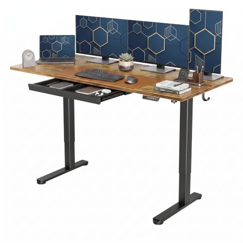 Image of Claiks Electric Height Adjustable Standing Desk with Drawers, 63 x 24 Inch Sit Stand Desk for Home Office, Computer Desk Workstation,Rustic Brown