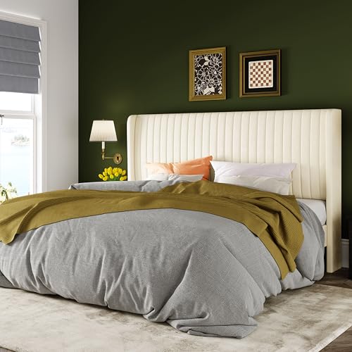 Image of Allewie King Size Velvet Bed Frame /Vertical Channel Tufted Wingback Headboard /Upholstered Platform Bed /No Box Spring Needed /Strong Wooden Slats /Easy Assembly /Cream White