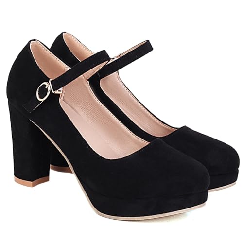 Women's Chunky High Heels Pumps Shoes Round Toe Platform Suede Buckle Strap Mary Jane Dressy Shoe2