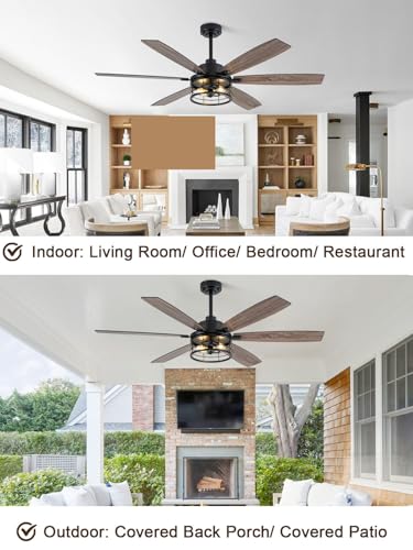 Image of 60 Inch Farmhouse Ceiling Fan with Lights and Remote Large Rustic Ceiling Fan Caged Fandelier Chandelier, 6 Dual Blades Reversible Quiet DC Motor 3CCT 6 Speed for Living Room Indoor Outdoor