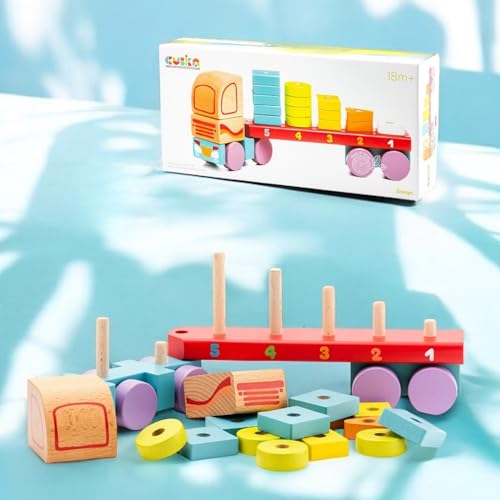 Image of CUBIKA Wooden Geometric Shapes Truck- Montessori Toy for Toddlers Ages 3+- Shape Sorter and Stacking Truck Building Toy- FSC-Certified Wood, German Water-Based Paints, Travel-Friendly