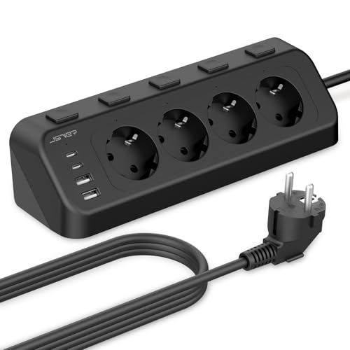 JSVER Multiprise USB C avec Interrupteurs Individuels, Prise d'angle 4 Compartiments avec 2 USB C,2 USB A, Bloc Multiprises (3680W 16A) Bureau avec Cable 2m...