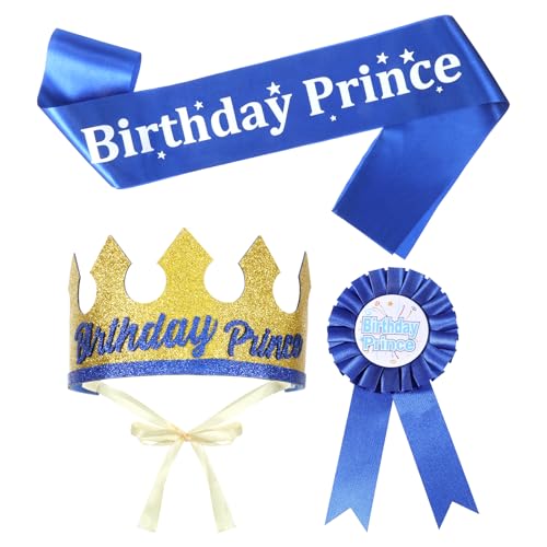 Qulkws Prince Crown Party Accessory Supplies, Birthday King Crown Hat, Birthday Prince Sash and Button Pin for Party Decorations