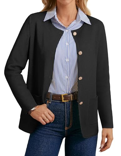 GRACE KARIN Damen Strickjacke Elegante Langarm Rundhalsausschnitt Button Down Freizeit Cardigan Schwarz L