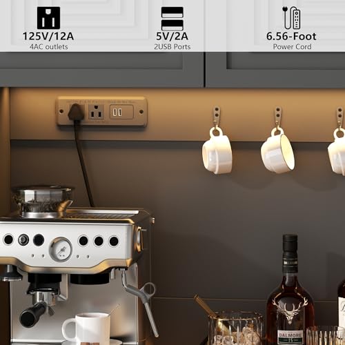 Image of 71 inch Black Kitchen Pantry with Power Outlet & LED Light, Large Kitchen Hutch Cabinet with Adjustable Shelf, Modern Buffet Cabinet with 6 Doors, Food Pantry Storage for Dining Room (Black 6 Doors)