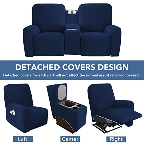 Image of Easy-Going Stretch Recliner Loveseat Cover with Center Console Sofa Slipcover Soft Fitted Fleece 2 Seats Couch with Cup Holder and Storage Washable Furniture Protector Navy