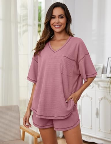 Image of Womens Pajama Sets Waffle Knit 2 Piece Short Lounge Set Cute Sleep Loungewear Pjs Set Short Sleeve Top and Shorts