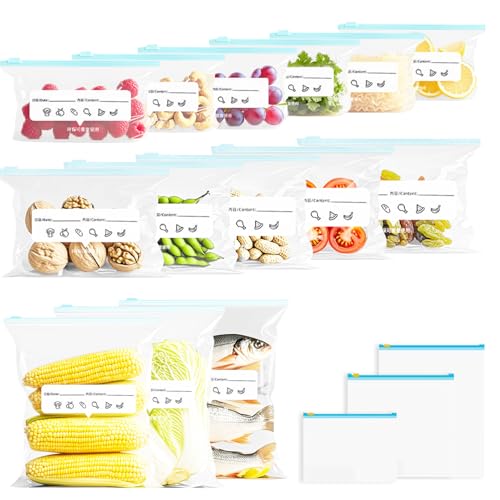 Werownsgso 45 bolsas reutilizables para congelador, bolsa grande mediana pequeña con cierre hermético para alimentos, contenedor lavable y a prueba de fugas para almacenamiento de granos de carne de