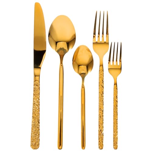 ADOCARN Juego de Vajilla de Acero Inoxidable Diseño en Dorado, Seguro y Conveniente, Adecuado para Cocina, Incluye Tenedor, Cuchara y Cortador