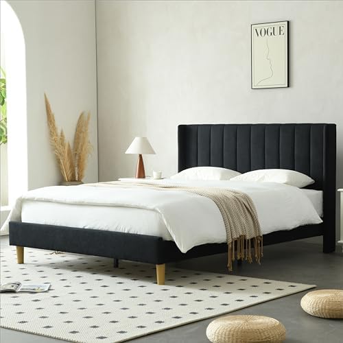 YUHUASHI Queen Bed Frame，Platform Bed with Upholstered Headboard，Black