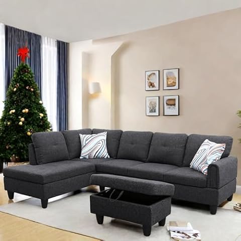 FONTOI L Shaped Sectional Couch with Otttoman, 97" Sectional Sofa for Living Room Flannel Modular Couches with Cup Holders for Bedroom, Apartments, Black Grey Cover