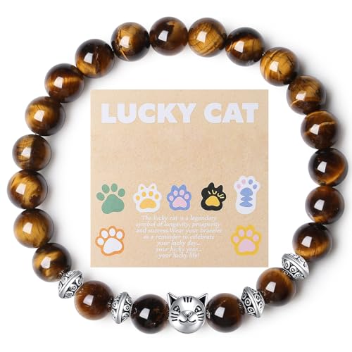 MAIBAOTA Cat Bracelets Lucky Cat Lover Gifts for Women Good Luck Money Attraction Bracelet Unique 8 mm Round Tiger Eye Gemstones Stretch Bracelet Jewelry