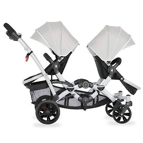 Image of Dream On Me Track Tandem Double Umbrella Stroller in Light Grey, Lightweight Double Stroller for Infant and Toddler, Multi-Position Reversible & Reclining Seats, Large Storage Basket and Canopy