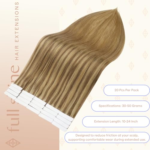 Image of Full Shine Tape Ins Human Hair Extensions, Golden Blonde Ombre 14 Inch | 50g 20PCS, Invisible Tape in Hair Extensions, Remy Seamless Finish Soft Blend Lightweight Party Styling Natural Volume