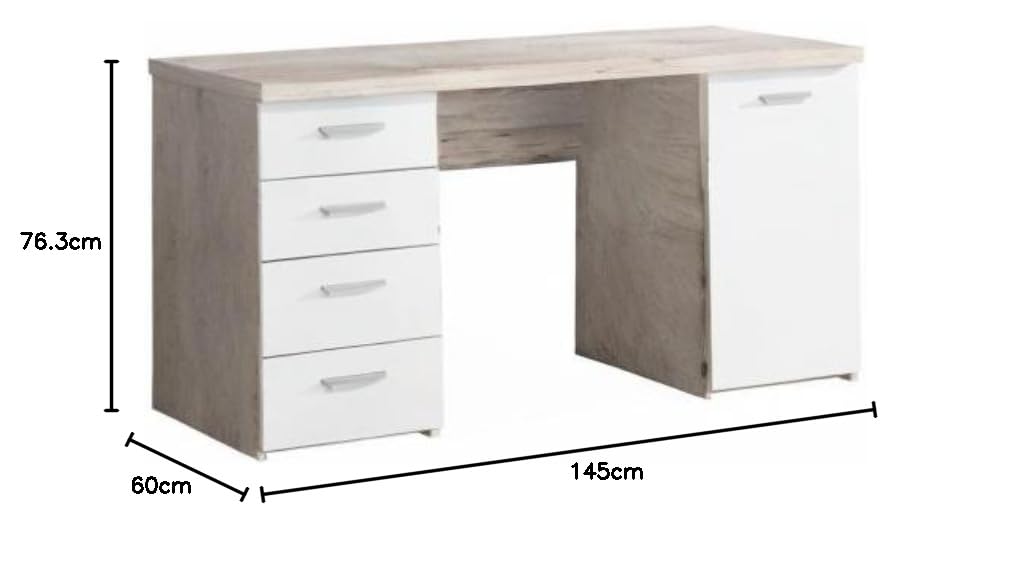 AVANTI TRENDSTORE - Feena - Scrivania composta da 4 cassetti ed 1 anta a battente laterale. Disponibile in 3 colori. Dimensioni LAP 145x76,3x60 cm (quercia sabbia/bianco)