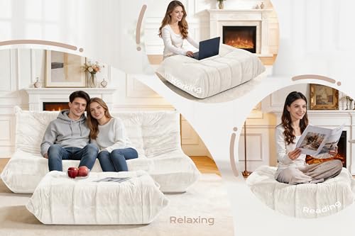 Image of Bean Bag Pouf Ottoman, Foot Stool, Foot Rest with Memory Foam Filled, Rectangle Ottoman for Living Room, Bedroom, Office (Beige Plush)