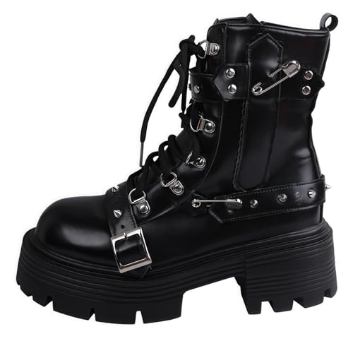 Femmes gothique grosse plateforme coins bottes à cheville avec chaîne coeur rivet Punk mi-veau bottes moto ronde orteil fermeture éclair coins talons hauts...