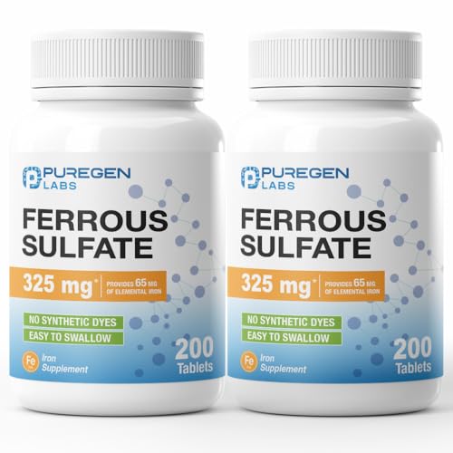 Image of Puregen Labs Iron 65mg - High Potency Iron Supplement | No Artificial Color Additives - Total 400 Tablets