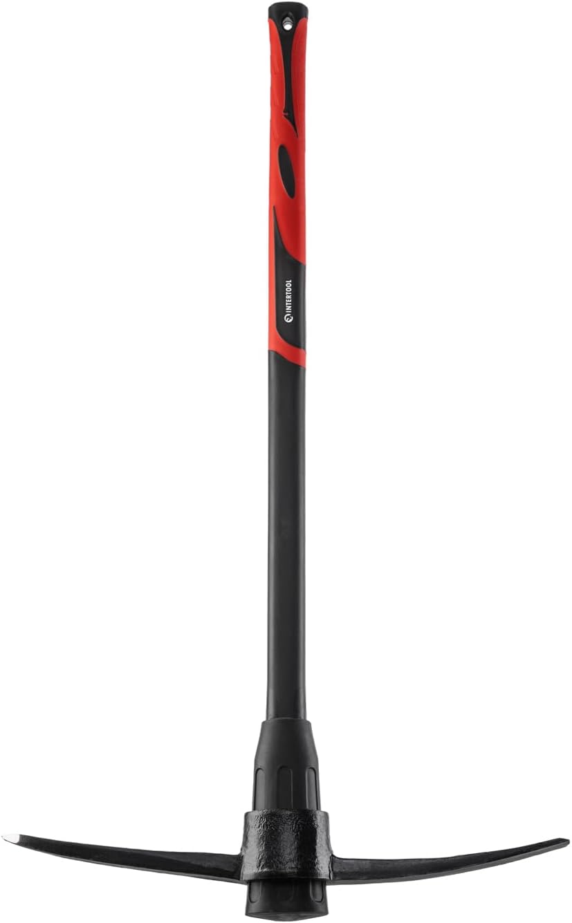 INTERTOOL Pick Axe, Heavy Duty Digging Mattock, Cultivate Garden, Loosen Soil, Adze Hoe, Shock Absorbing Fiberglass Max Grip Handle, 36" HT08-0305