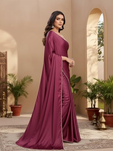 Image of FABIAN FASHION Women's Plain Japan Satin Silk Saree with Pearl Lace Border, Includes Unstitched Matching Blouse Piece - Elegant Saree(AVN 1694)