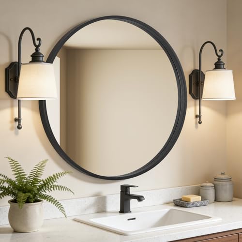 Image of WallBeyond Round Wood Mirror, 32 inch Round Modern Decoration Large Circle Wall Mirror for Bathroom Living Room Bedroom Entryway, Black